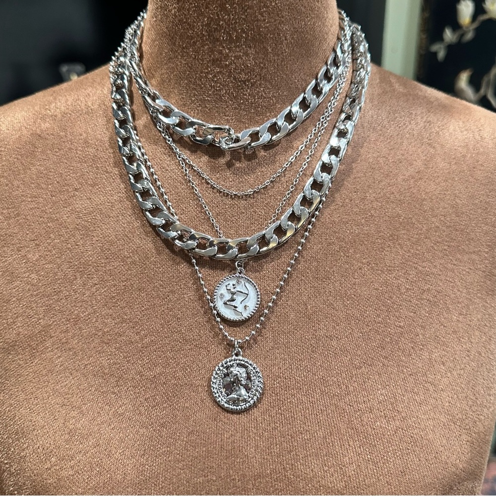 Mjartoria Layered Silver Coin & Zodiac Pendant Necklace Set – 3PCS